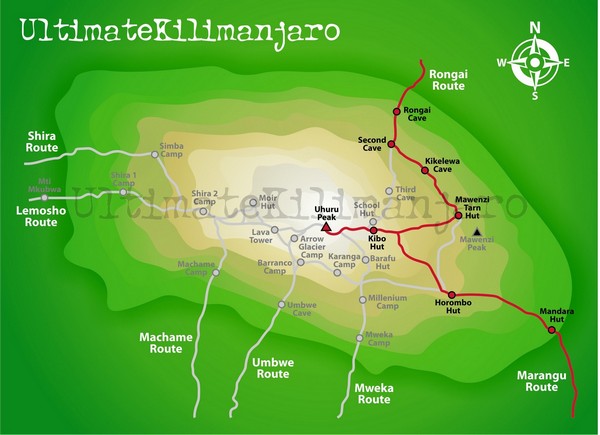 Kilimanjoro map showing Rongai Route
